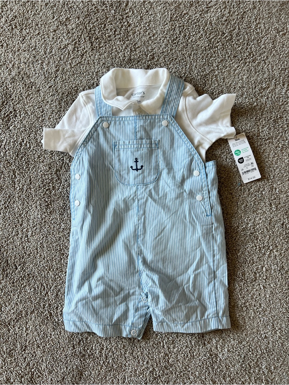 Carter's Light Blue Pinstripe Overalls Set with Navy Anchor